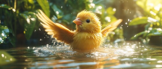 A fluffy yellow bird enjoys a refreshing bath in a sunlit pool, surrounded by lush greenery