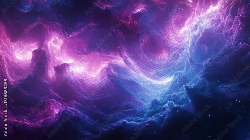Poster a mesmerizing display of cosmic clouds illuminated in vibrant hues of purple and blue envelops the e