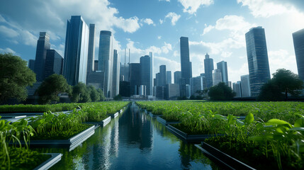 Obraz premium A panoramic cityscape where bioreactors fueled by algae stand in the foreground, their rich green hues contrasting with the modern skyline, representing the biofuel revolution.