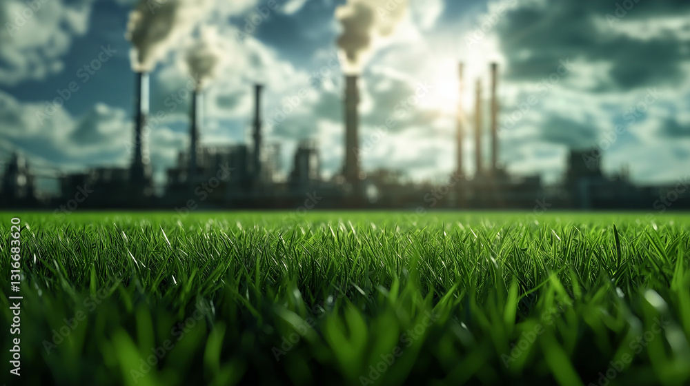 Poster an industrial-to-green transition scene where old fossil fuel plants fade in the background while a 