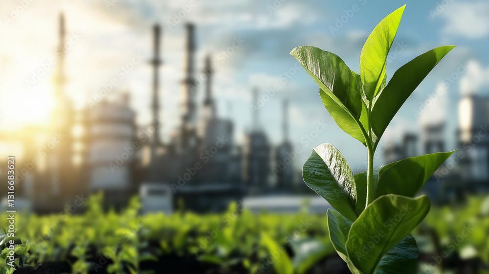 Poster an industrial-to-green transition scene where old fossil fuel plants fade in the background while a 