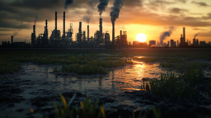 Fototapeta premium An industrial-to-green transition scene where old fossil fuel plants fade in the background while a thriving algae-based energy source takes center stage in the foreground.