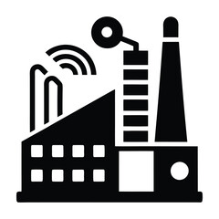 Obraz premium A black and white silhouette of a factory with a wifi signal and a chimney stack. Digital networks Graphic resource for design