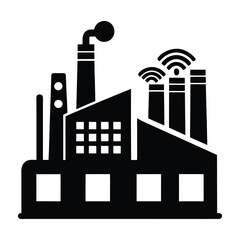 Obraz premium A silhouette of a factory with a chimney and wifi signal on a white background. Digital networks Graphic resource for design