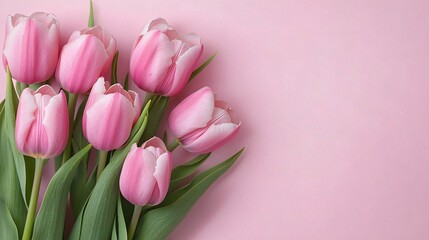 Obraz premium Soft pastel pink tulip blooms create a serene floral arrangement, ideal for wedding invitations, spring events, and Mother's Day cards with ample space for text.