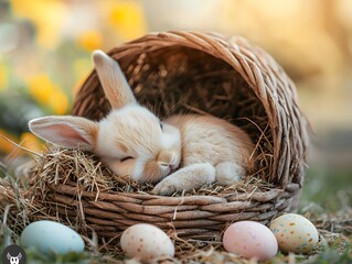 Adorable Baby Bunny Napping in a Cozy Easter Basket