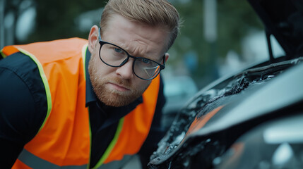A professional insurance agent wearing glasses and a safety vest, carefully examining a vehicle with a crushed front end, documenting damages for an insurance claim.