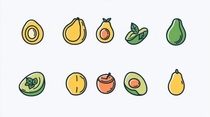 Colorful fruit icons, diverse avocado and pear illustrations, flat design, food icons