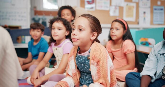 Teacher, students and giving paper in classroom, school and support with memory development at academy. Education, hand out notes and children listening to educator, guidance lesson and knowledge