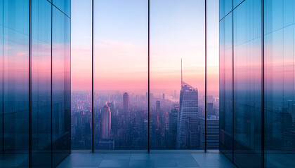 Fototapeta premium Panoramic city skyline through large windows at dawn