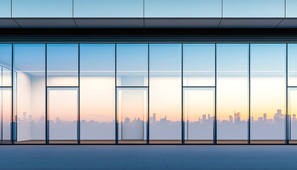Fototapeta premium Panoramic city skyline through large windows at dawn