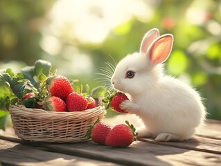 Sweet Delight, A Fluffy White Bunny Enjoying a Juicy Strawberry