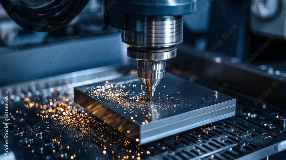 Poster a precision lathe machine shaping a solid block of metal, with sparks flying as it carves intricate 
