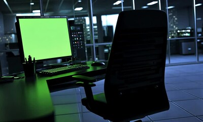 Modern office workstation in a dark, professional environment
