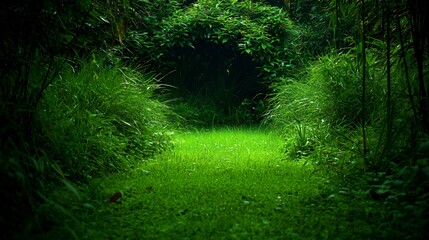 Fototapeta premium Enchanted Forest Path: Glowing Green Plants and Mysterious Shadows