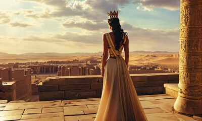 Queen Esther Standing in the Palace with Beautiful View in Front