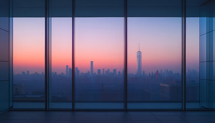 Fototapeta premium Panoramic city skyline through large windows at dawn