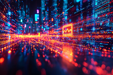 Dynamic abstract cityscape of glowing data streams and digital icons.  Perfect for illustrating concepts of big data, technology, the metaverse, or financial markets.