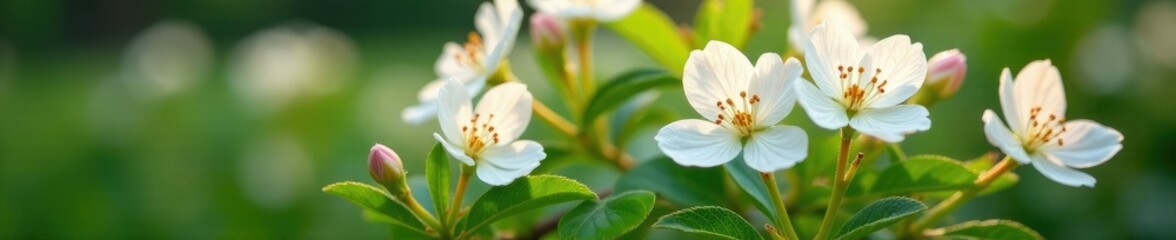 Fototapeta premium White flowers with pinkish tint on green stems, oaks, blossoms, gardening
