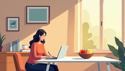 Woman writing on laptop in a cozy home office setting