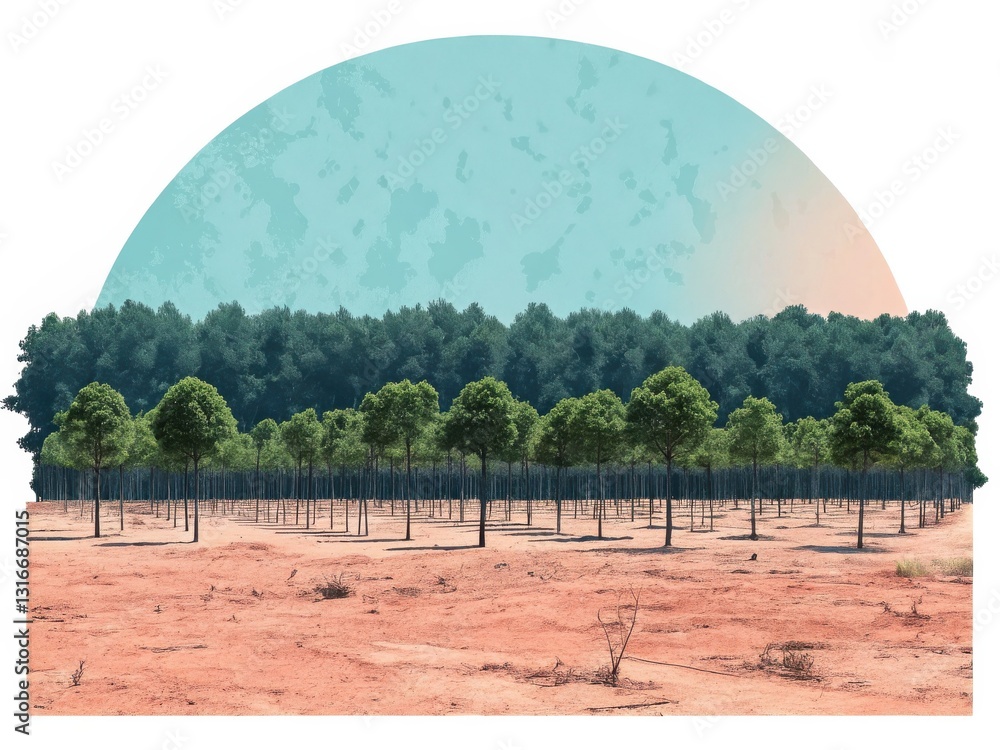 Aufkleber adaptation to climate change requires deforestation control concept. desert landscape with trees und