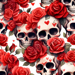 Macabre Love Skull and Roses Seamless Print