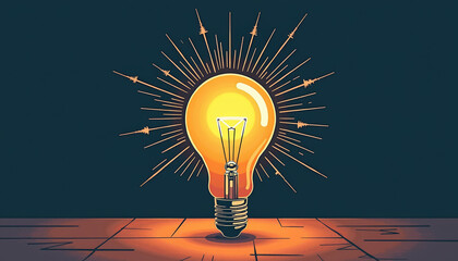 Glowing light bulb emitting bright rays on dark background