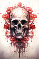 Dark Gothic Skull and Roses Watercolor Art