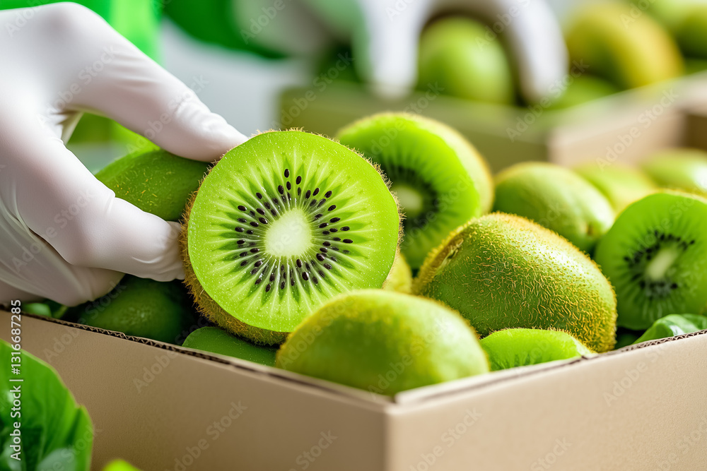 Poster focused workers engage in the meticulous task of sorting fresh kiwis, ensuring each piece is properl