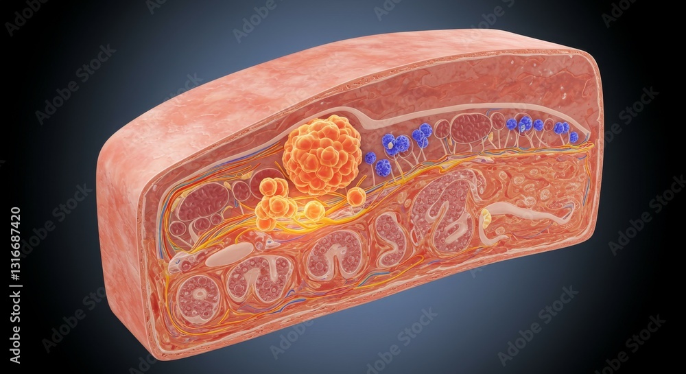 Poster a detailed illustration of cellular structures and processes within human tissue.
