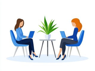 Fototapeta premium Two women working on laptops while seated in modern chairs with a plant