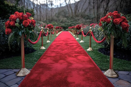 Elegant red carpet walkway backdrop with lush rose decorations in outdoor venue.