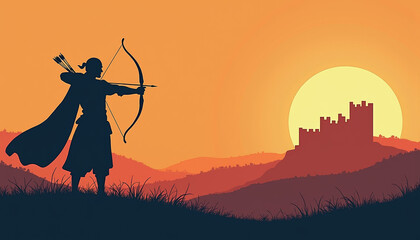 Archer silhouetted against sunset with castle background