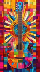Colorful artistic stained glass representation of a six string guitar