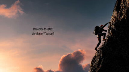 A solitary rock climber ascending a mountain at sunset or sunrise
