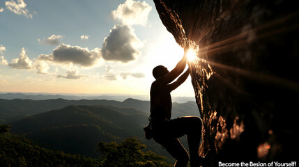 A silhouetted person is rock climbing towards sunlight over mountains
