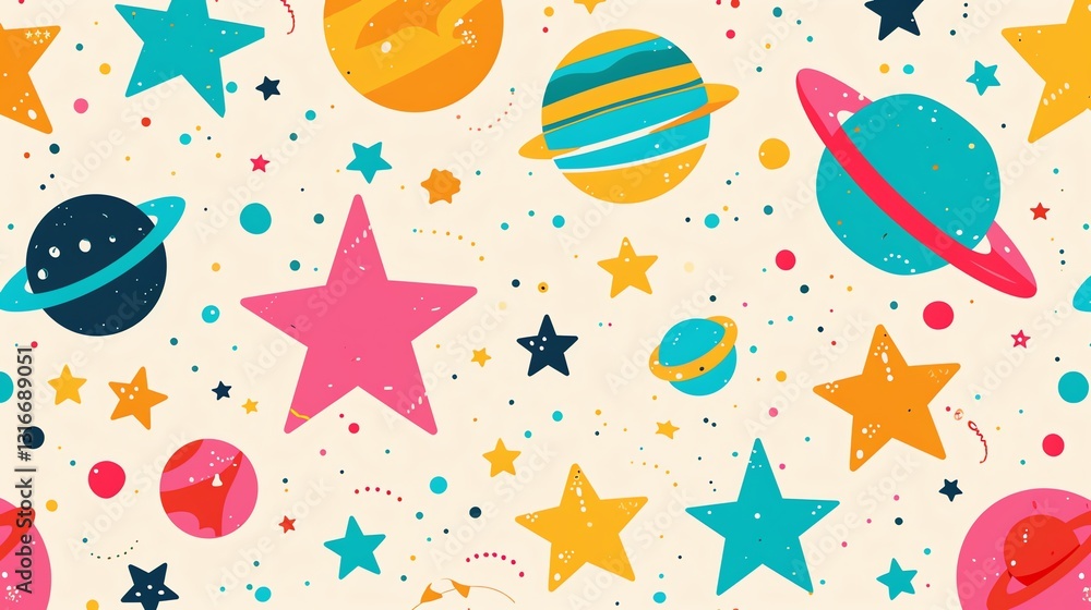 Wall mural a colorful, playful pattern of stars and planets on a cream background.