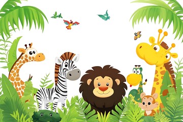 Naklejka premium Adorable Jungle Animals Cartoon Illustration Giraffe, Zebra, Lion, Monkey, and More