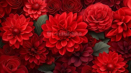 Lush Red Dahlia and Rose Blooms: A Vibrant Floral Digital Painting AI Generated © Hoang
