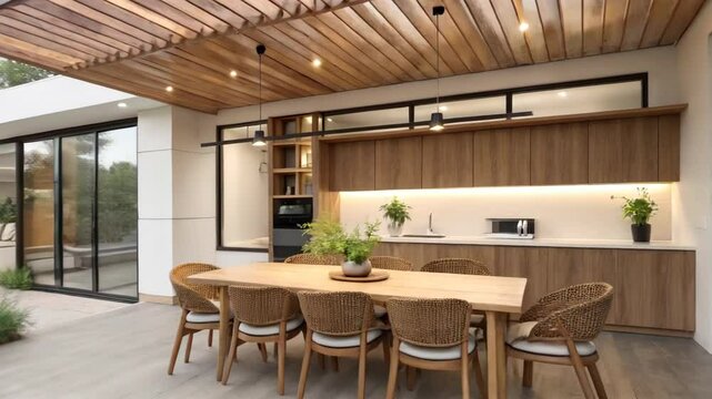 Modern Outdoor Dining Area with Stylish Furniture and Greenery