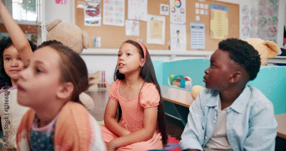 Poster education, answer and group of children, knowledge and teacher with questions in classroom or school