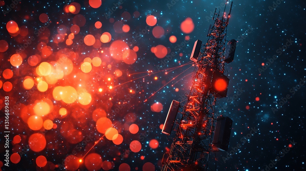 Poster 3d illustration of a telecom base station receiver with abstract digital connections, symbolizing mo
