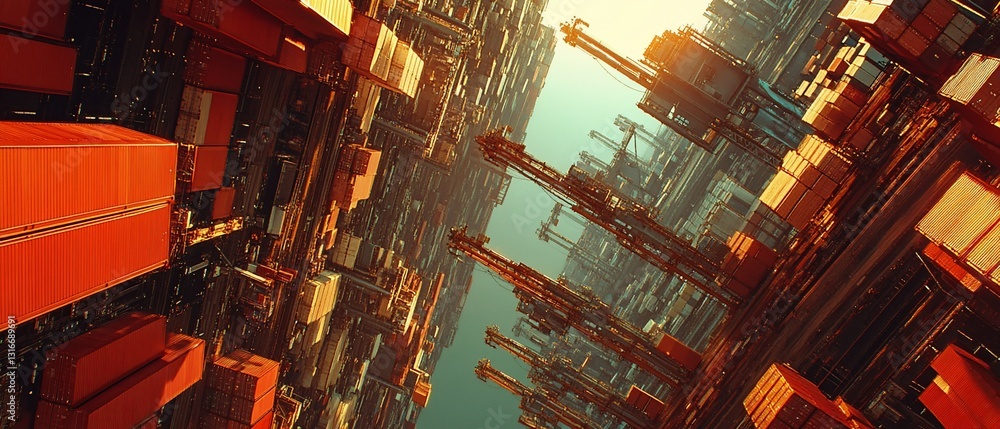 Poster abstract view of a container port at sunset, showcasing a dense network of cargo containers and mass