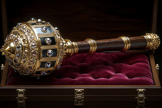 Ornate gold  jewelencrusted ceremonial mace rests in a rich maroon velvetlined wooden box.  A symbol of power, authority, and legacy, perfect for concepts of leadership, heritage, or tradition.
