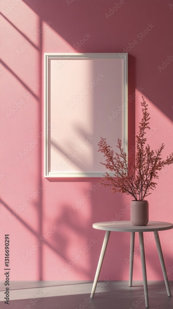 Poster bathed in gentle sunlight, a minimalist room features soft pink walls, a simple table with a vase of