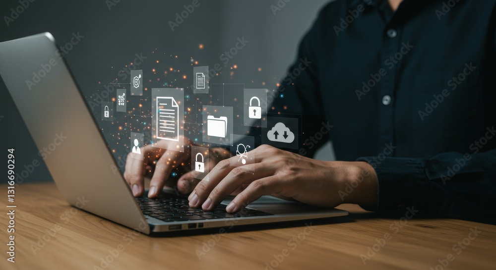 Poster a person typing on a laptop with digital security icons floating above.