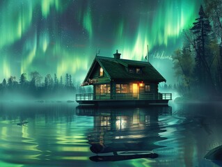 Fototapeta premium A serene cabin on a calm lake, illuminated by the enchanting glow of the northern lights in a misty, tranquil landscape.