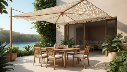 Elegant Outdoor Dining Setup Under Decorative Canopy by Water