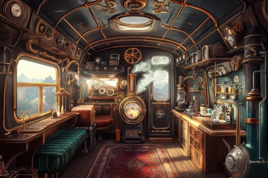An elaborate steampunk train cabin interior featuring rich intricate details