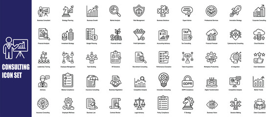 Consulting Icon Set. Business, Strategy, Finance, Marketing, IT, HR, Legal, and Advisory Icons for Corporate and Professional Services. Consulting Vector Outline Icon Set.